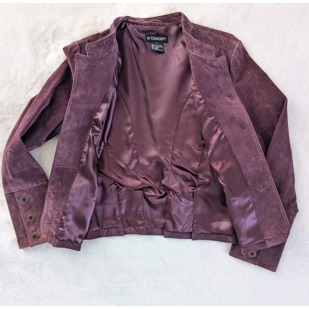 C Concept Burgundy Suede Jacket‎ Women's Sz 12 Button Up Timeless Office Classic